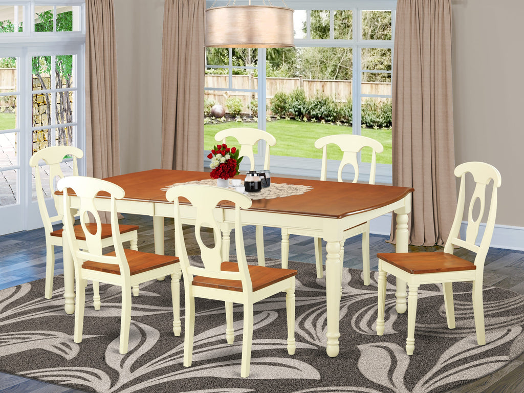DOKE7-S0J-6 Coastal Elegance Set 7-Piece Rectangle Dining Ensemble with Extension Leaf and Wood Chairs, Classic Buttermilk & Cherry Finish