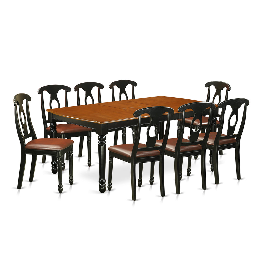 DOKE9-DZN-HO 9-Piece Dining Set Rectangular Butterfly Leaf Table and 8 Plush Chairs, Black & Cherry, 42x78
