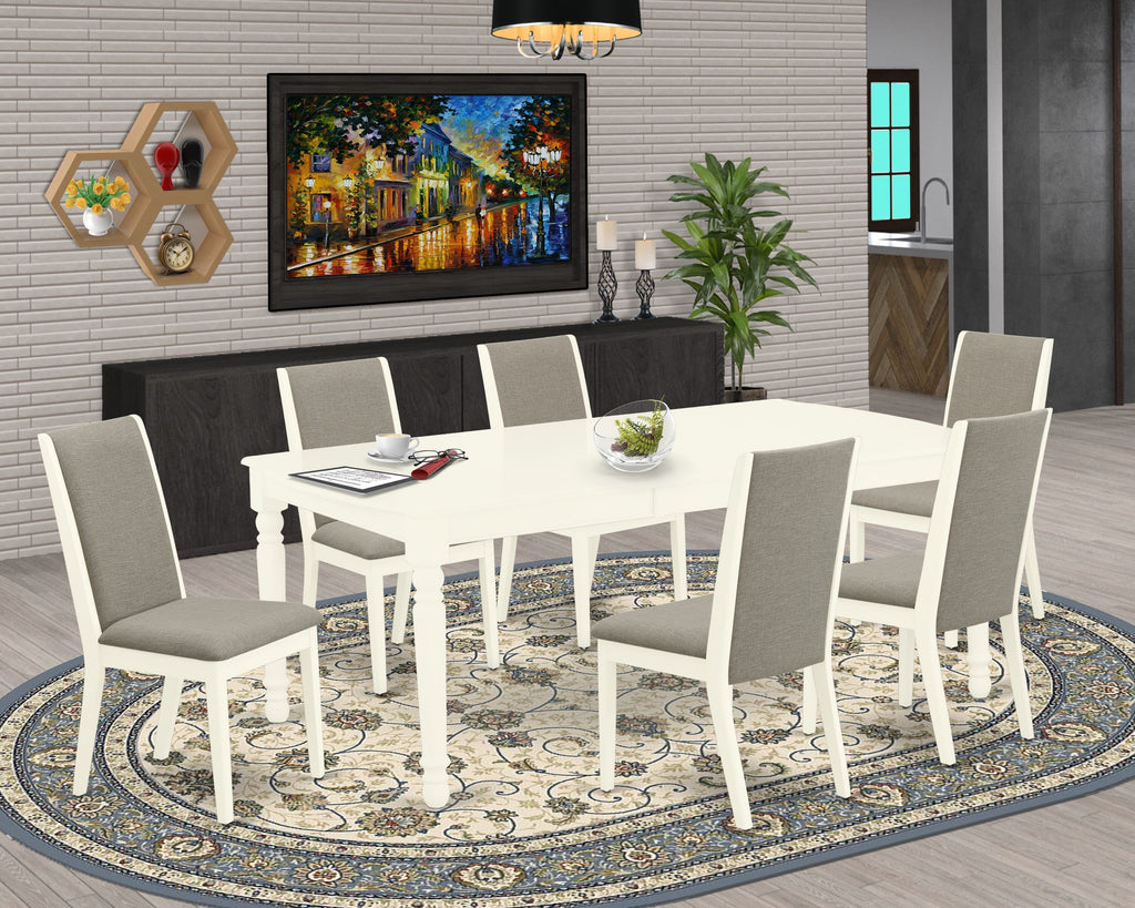 DOLA7-DHO-1J 7-Piece Rectangle Dining Ensemble with Extending Leaf & Shitake Upholstered Chairs, 42x78 Inches, White