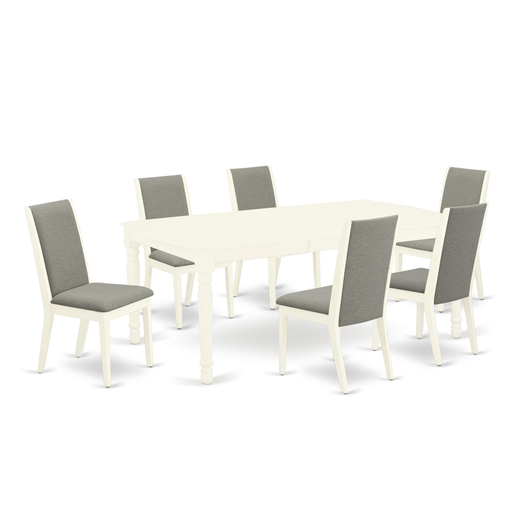 DOLA7-DHO-1J 7-Piece Rectangle Dining Ensemble with Extending Leaf & Shitake Upholstered Chairs, 42x78 Inches, White