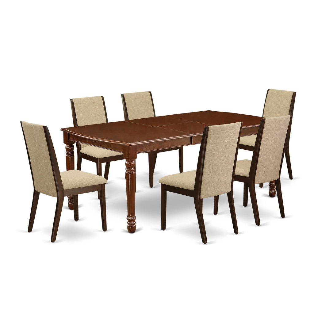 DOLA7-S1X-8E 7-Piece Dining Room Ensemble with Mahogany Butterfly Leaf Table & Linen Chairs