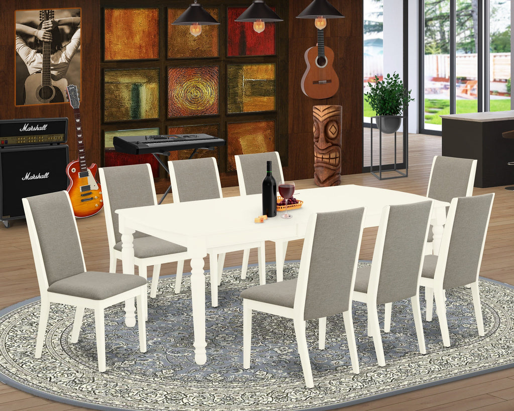 DOLA9-PF1-IV 9-Piece Rectangular Dining Set with Extending Table and 8 Linen-Covered Chairs, 42x78 Inch, Ivory Finish