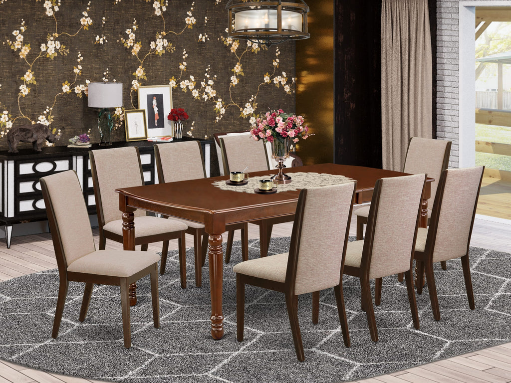 DOLA9-20I-EV 9-Piece Mahogany Dining Ensemble Expansive Rectangular Table with Butterfly Extension and 8 Elegant Beige Linen Parsons Chairs, 42x78 Inch