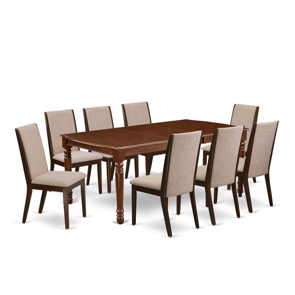 DOLA9-20I-EV 9-Piece Mahogany Dining Ensemble Expansive Rectangular Table with Butterfly Extension and 8 Elegant Beige Linen Parsons Chairs, 42x78 Inch