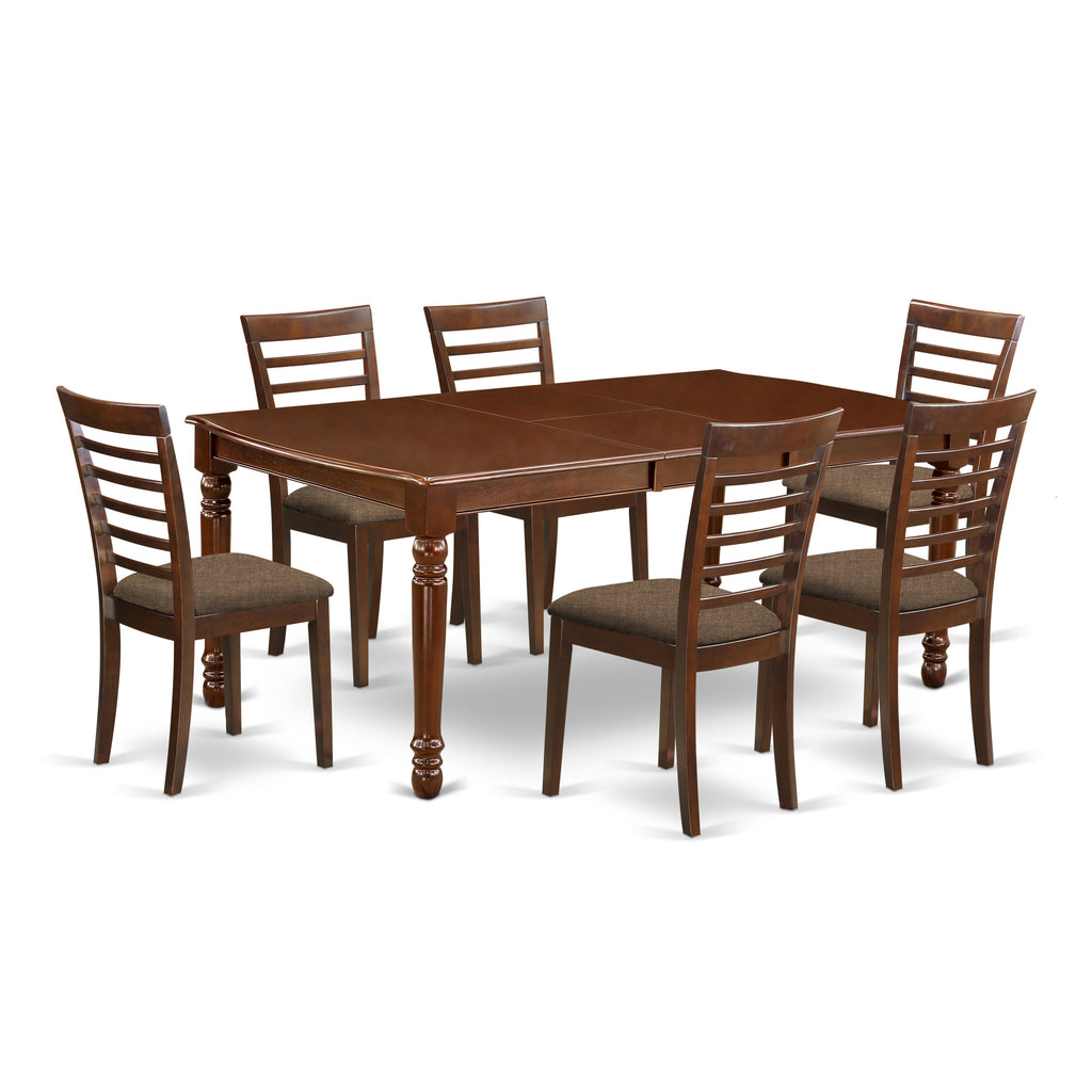 DOML7-74V-Q 7-Piece Dining Ensemble with Elegant Rectangular Table & Leaf Extension, 6 Upholstered Chairs, 42x78 In, Rich Mahogany Finish