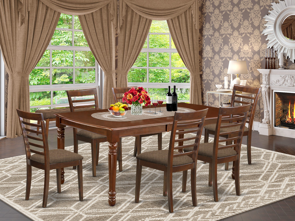 DOML7-74V-Q 7-Piece Dining Ensemble with Elegant Rectangular Table & Leaf Extension, 6 Upholstered Chairs, 42x78 In, Rich Mahogany Finish