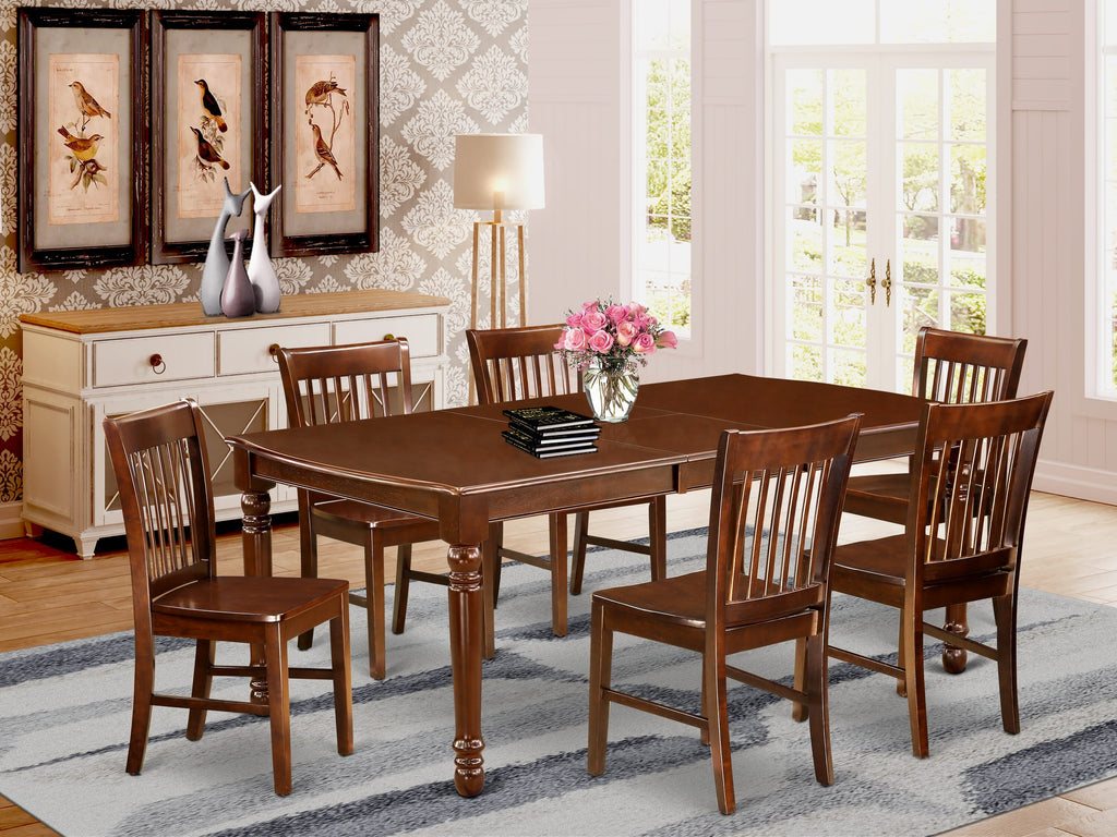 DONO7-X0X-V 7-Piece Rectangular Dining Set with Butterfly Leaf and 6 Chairs, Mahogany Finish, 42x78 Inches