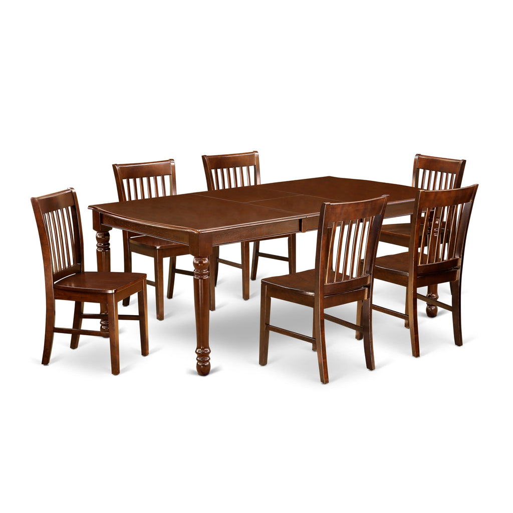 DONO7-X0X-V 7-Piece Rectangular Dining Set with Butterfly Leaf and 6 Chairs, Mahogany Finish, 42x78 Inches