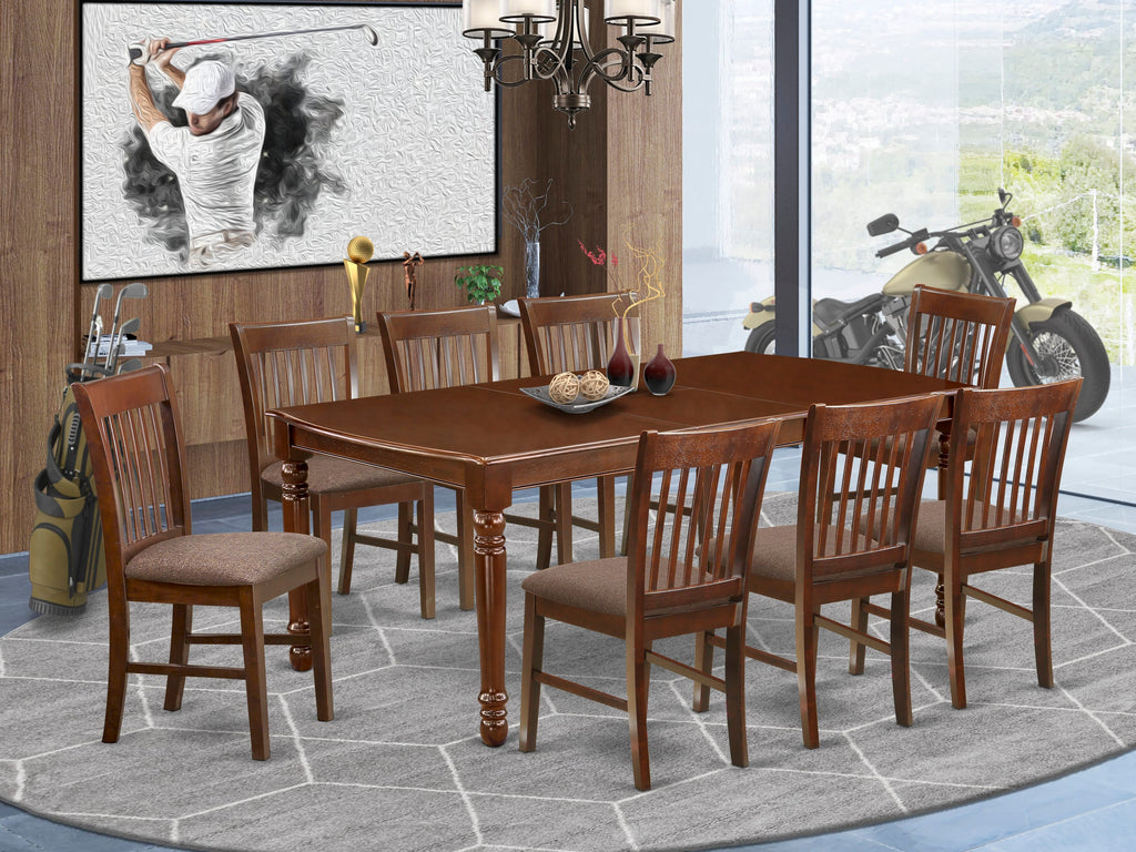 DONO9-7H9-X Mahogany 9-Piece Dining Suite Expandable Rectangle Table and 8 Soft Linen Chairs