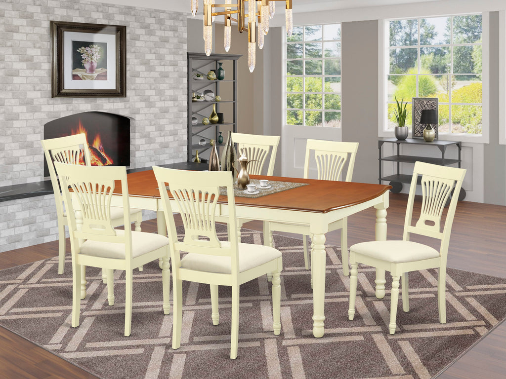 DOPL7-4M0-A - 7-Piece Dining Set with Butterfly Leaf Table and 6 Upholstered Linen Chairs, Cherry & Buttermilk