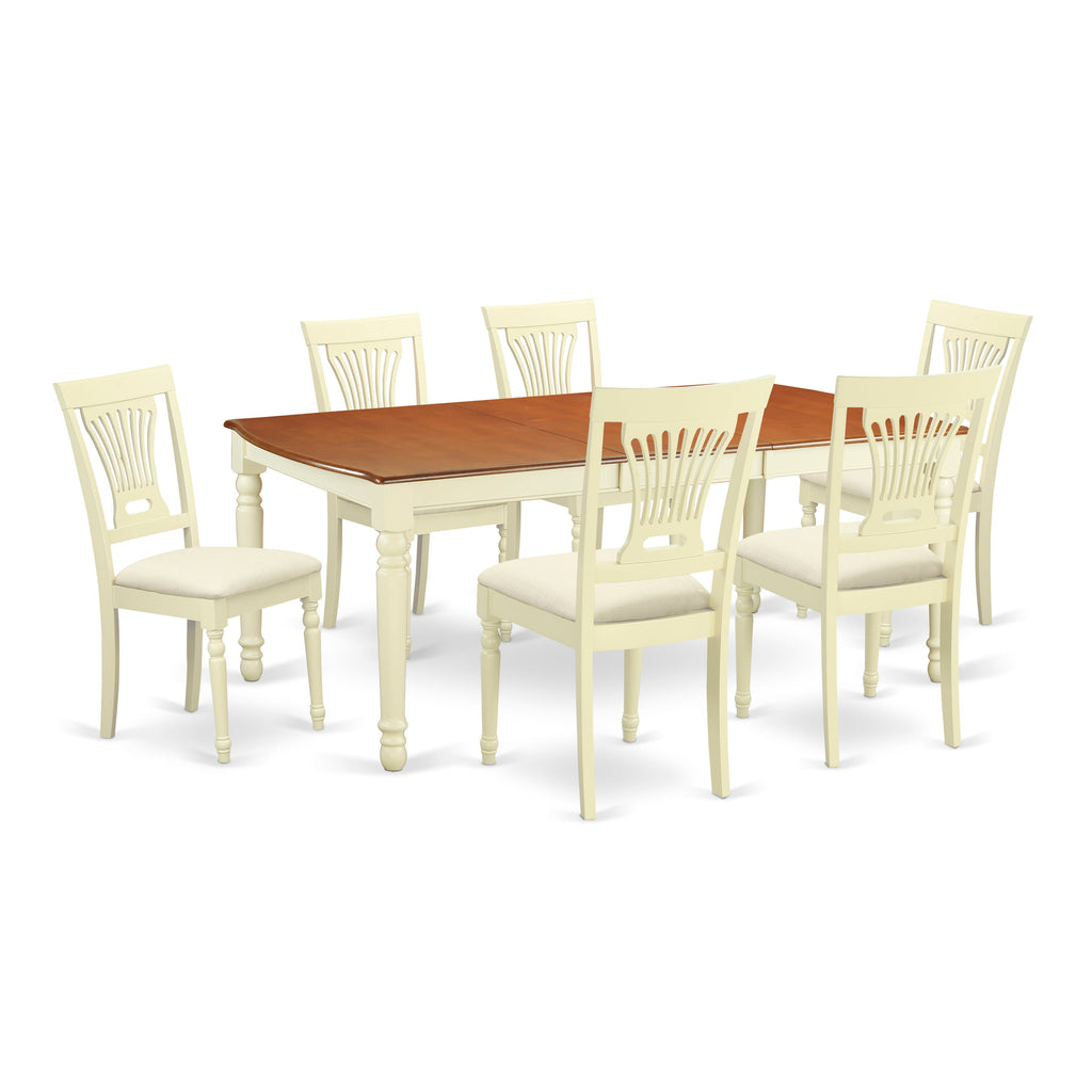 DOPL7-4M0-A - 7-Piece Dining Set with Butterfly Leaf Table and 6 Upholstered Linen Chairs, Cherry & Buttermilk