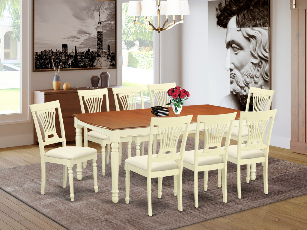 DOPL9-T94-E 9-Piece Kitchen Set with Butterfly Leaf Table and 8 Upholstered Linen Seats, Buttermilk & Cherry Finish, 42x78 Inches