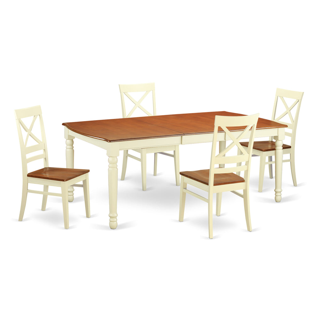 DOQU5-SSP-H 5-Piece Set Rectangle Dining Table with Leaf and 4 Chairs, Buttermilk & Cherry Accent