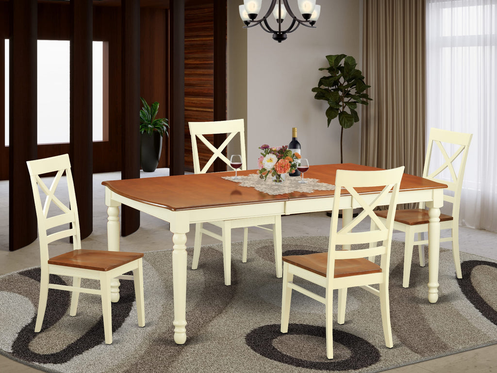 DOQU5-SSP-H 5-Piece Set Rectangle Dining Table with Leaf and 4 Chairs, Buttermilk & Cherry Accent