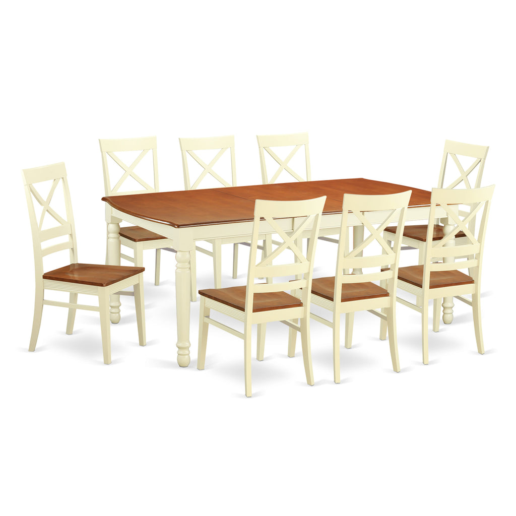 DOQU9-MQV-T 9-Piece Dining Ensemble with Extension Table and Eight Chairs, Rustic Buttermilk & Cherry