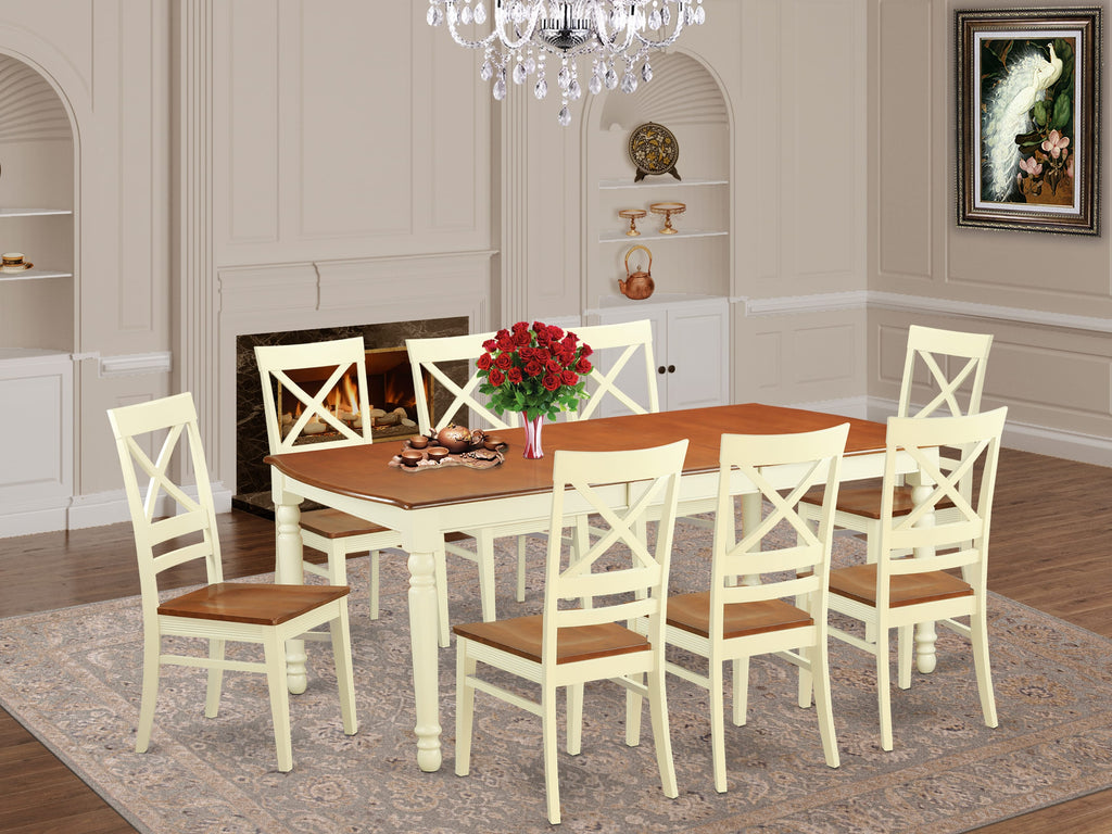 DOQU9-MQV-T 9-Piece Dining Ensemble with Extension Table and Eight Chairs, Rustic Buttermilk & Cherry