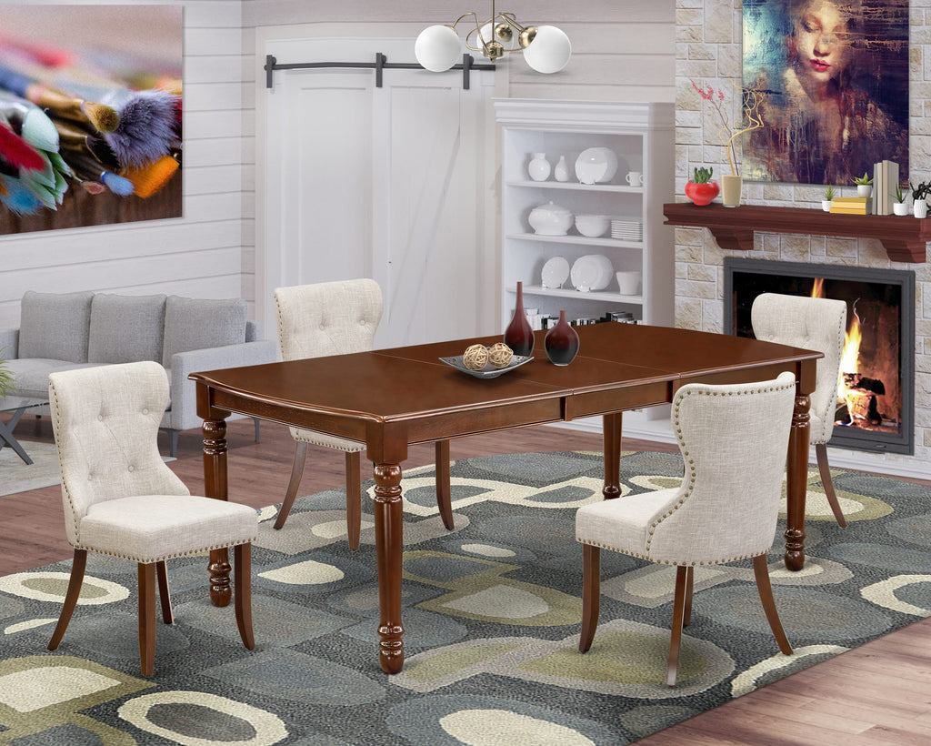 DOSI5-777-S1 5-Piece Dining Ensemble Rectangular Table & Upholstered Chairs with Doeskin Fabric and Extendable Leaf in Rich Finish