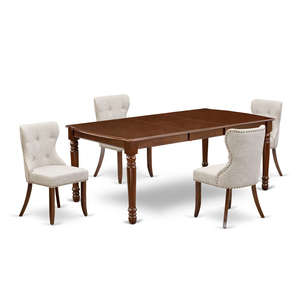 DOSI5-777-S1 5-Piece Dining Ensemble Rectangular Table & Upholstered Chairs with Doeskin Fabric and Extendable Leaf in Rich Finish