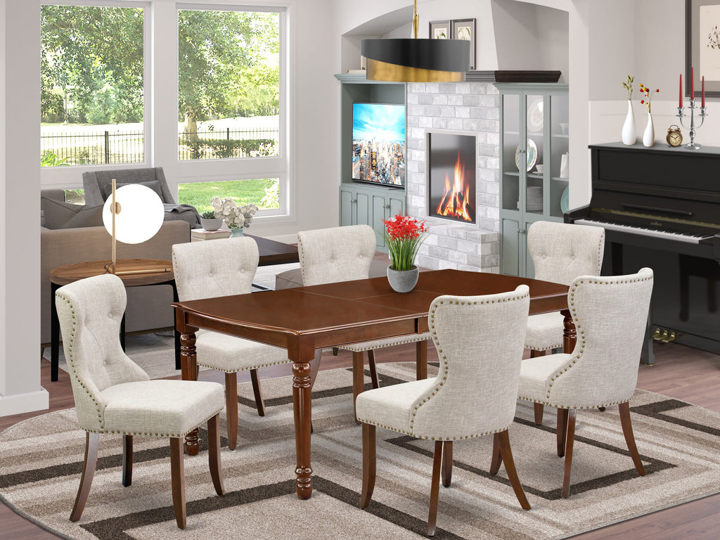 DOSI7-CNH-T6 Elegant 7-Piece Rectangular Dining Set with Leaf & 6 Luxe Chairs, 42x78 In, Mahogany (Linen)