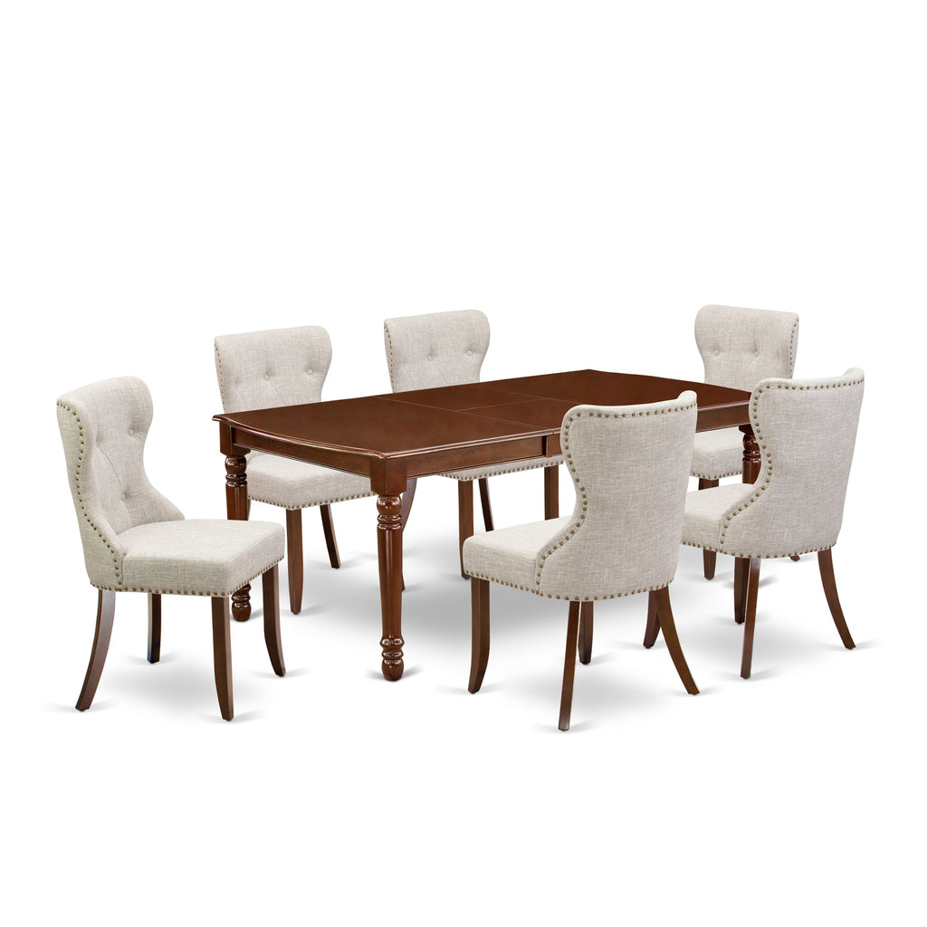 DOSI7-CNH-T6 Elegant 7-Piece Rectangular Dining Set with Leaf & 6 Luxe Chairs, 42x78 In, Mahogany (Linen)