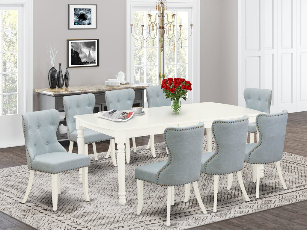 DOSI9-7WM-XV 9 Piece Dining Ensemble featuring Rectangle Table & Baby Blue Upholstered Chairs & Butterfly Leaf