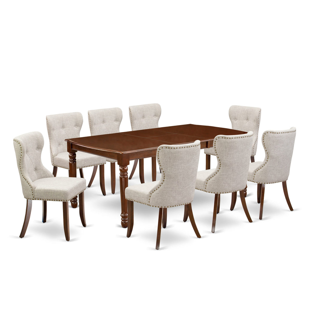 DOSI9-RHX-SX Luxurious 9-Piece Dining Ensemble with Elegant Parson Chairs and Mahogany Finish Table