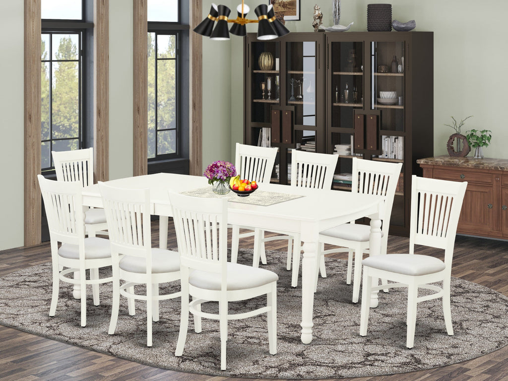 DOVA9-EJO-1 9-Piece Linen White Dining Set Rectangular Table with Butterfly Leaf & 8 Upholstered Chairs