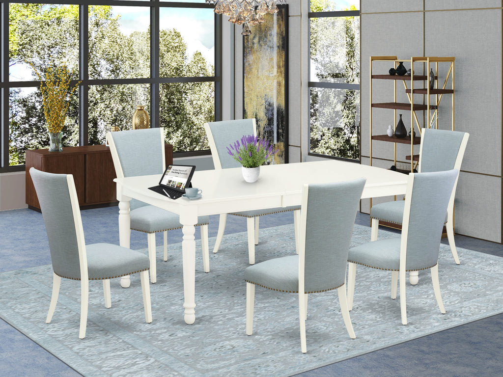 DOVE7-KP0-V4 7 Piece Rectangle Dining Set with Leaf Extension and 6 Linen White Blue Chairs
