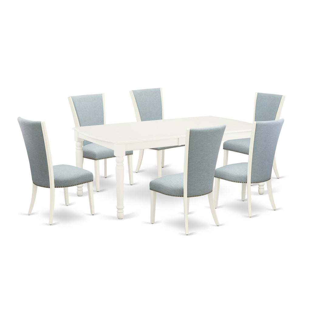 DOVE7-KP0-V4 7 Piece Rectangle Dining Set with Leaf Extension and 6 Linen White Blue Chairs
