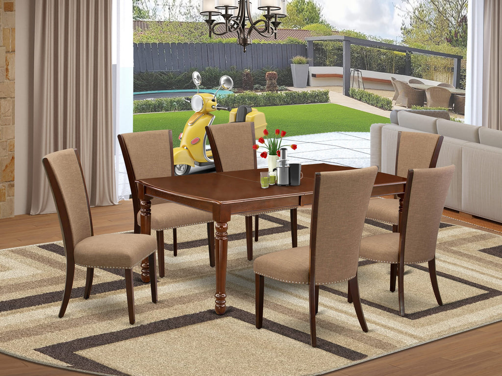 DOVE7-IDJ-RH Dining Set 7-Piece Rectangular Butterfly Table & 6 Linen Parsons Seats, 42x78 Mahogany