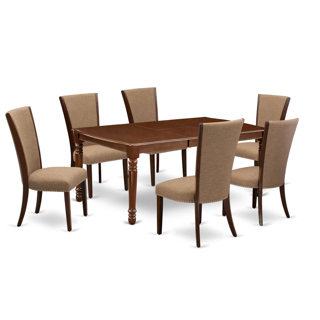 DOVE7-IDJ-RH Dining Set 7-Piece Rectangular Butterfly Table & 6 Linen Parsons Seats, 42x78 Mahogany