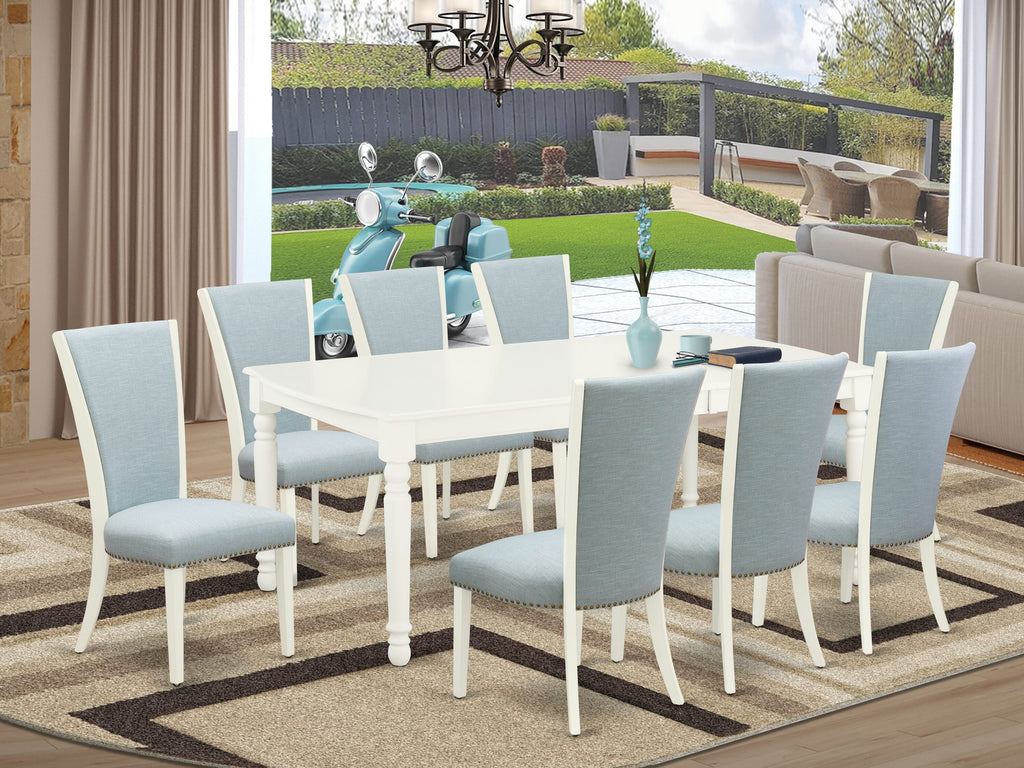DOVE9-UZ2-XC Elegant 9-Piece Dining Ensemble with Rectangular Table, Butterfly Leaf and 8 Stylish Linen Chairs in Soft Blue