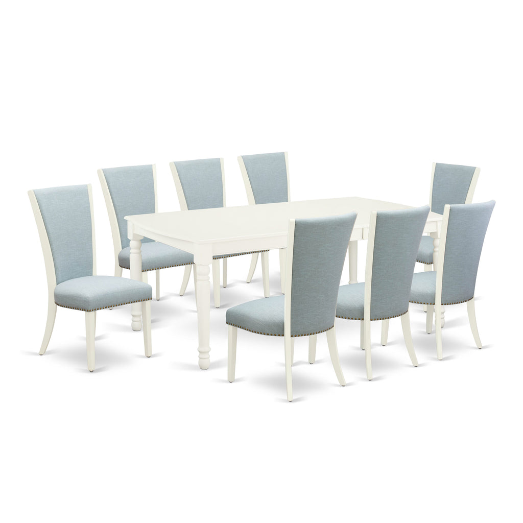 DOVE9-UZ2-XC Elegant 9-Piece Dining Ensemble with Rectangular Table, Butterfly Leaf and 8 Stylish Linen Chairs in Soft Blue