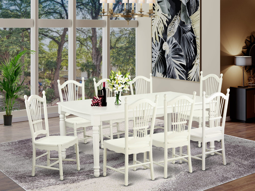 DOVE9-WT0-0 9-Piece Set with Expanding Rectangular Table and Eight Chairs in White Finish for Dining Room 42x78 In