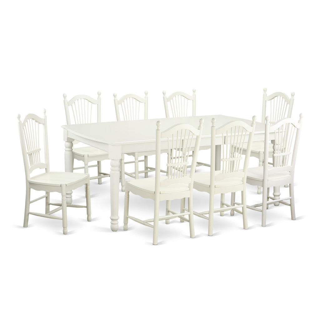 DOVE9-WT0-0 9-Piece Set with Expanding Rectangular Table and Eight Chairs in White Finish for Dining Room 42x78 In