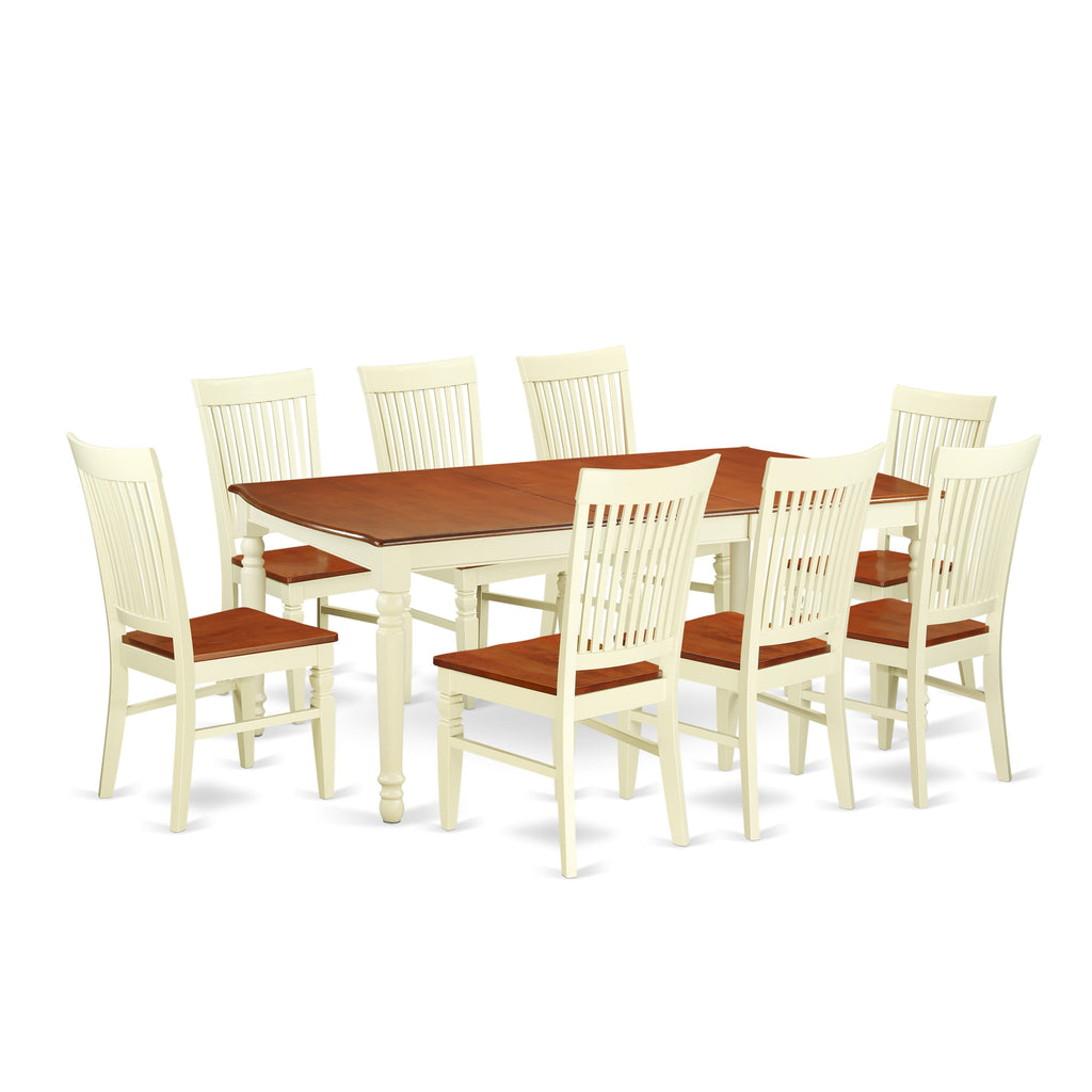 DOWE9-9TL-3 9-Piece Dining Set with Rectangle Table, Butterfly Leaf & 8 Seats, Buttermilk/Cherry, 42x78