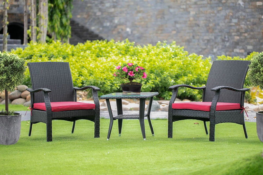 DTL3CJGX Outdoor Wicker Patio Set Rectangular Tea Table with Glass & Armchair Pair, Black Cushions