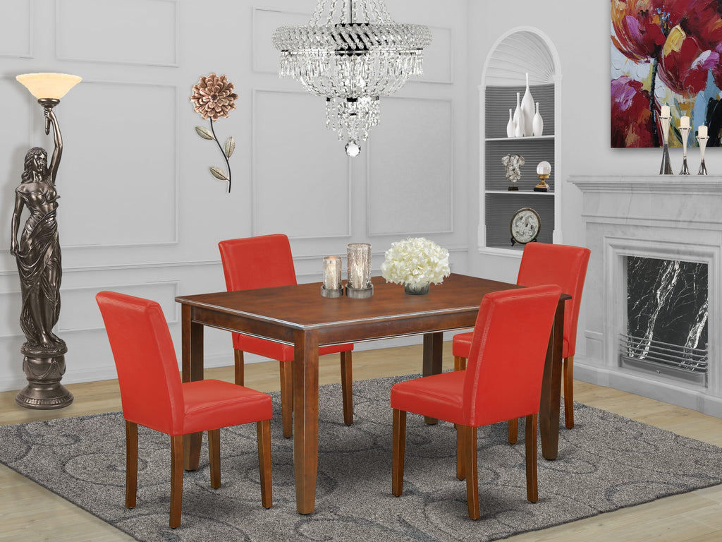 DUAB5-8AD-ZJ 5-Piece Dining Collection with Rectangular Table & 4 Red Faux Leather Parsons Chairs, Mahogany
