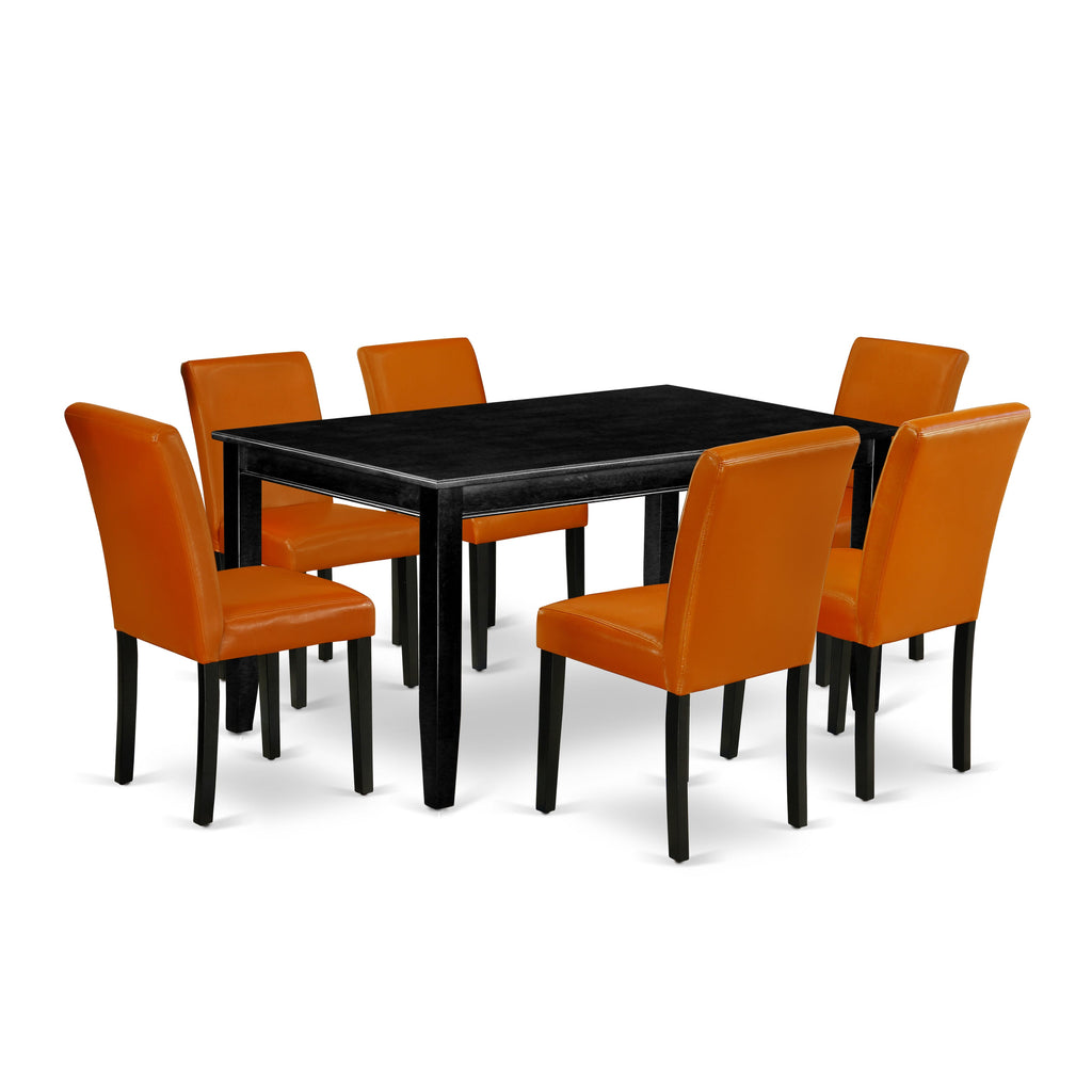 DUAB7-2X9-WT 7-Piece Dining Ensemble with Rectangular Table & 6 Tan Leather-Like Parson Chairs, 36x60, Black