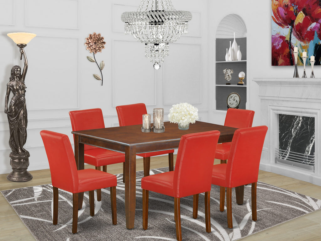 DUAB7-YO4-N6 Stylish 7-Piece Dining Set Featuring Chic Red Cushioned Parsons and Spacious Mahogany Table