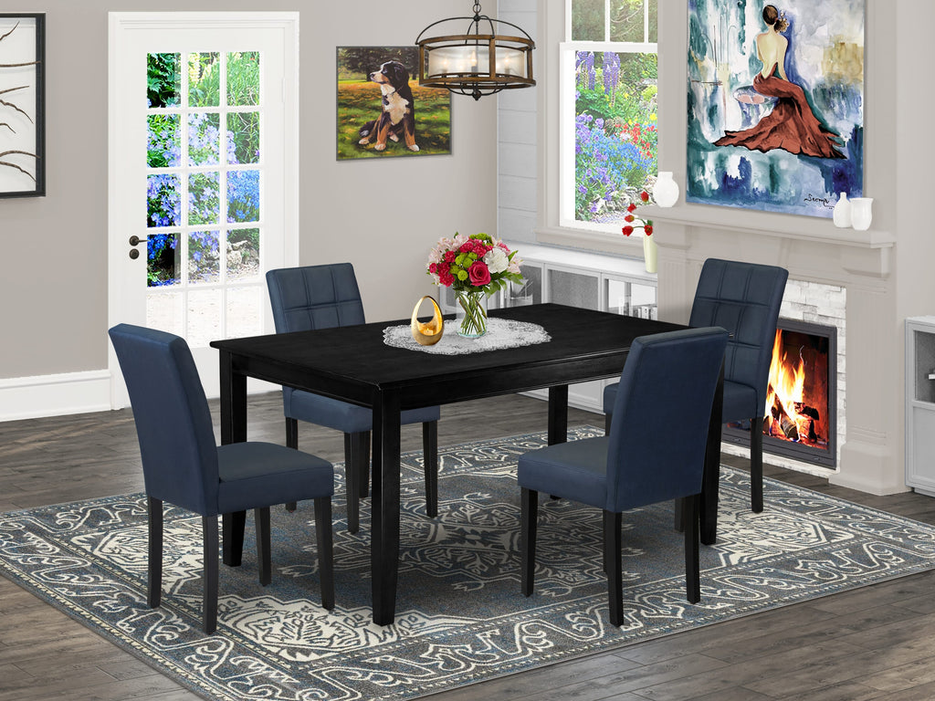 DUAS5-OOP-9X Stylish Black Table Set with 4 Dark Blue Leather Chairs and Elegant Backrest - 5 Piece Dining Set