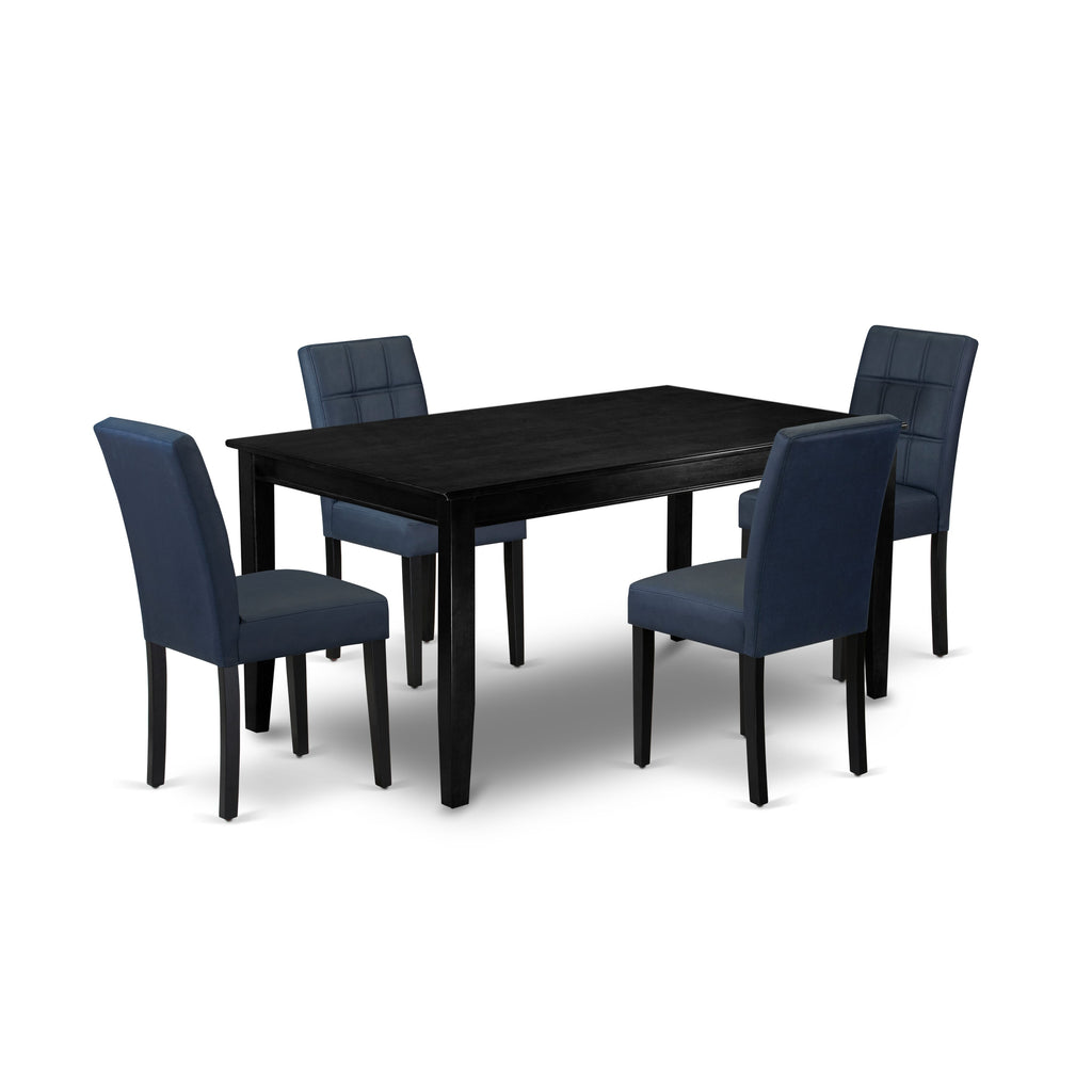 DUAS5-OOP-9X Stylish Black Table Set with 4 Dark Blue Leather Chairs and Elegant Backrest - 5 Piece Dining Set