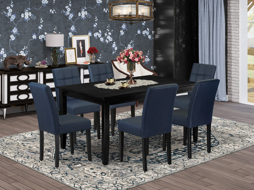 DUAS7-46Z-56 Stylish Black Kitchen Table Set with 6 Dark Navy Blue Faux Leather Chairs and Elegant Back - 7 Piece Dining Collection