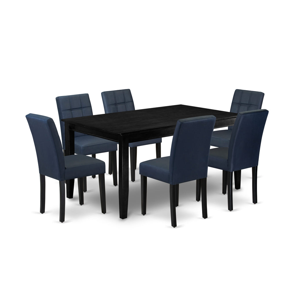 DUAS7-46Z-56 Stylish Black Kitchen Table Set with 6 Dark Navy Blue Faux Leather Chairs and Elegant Back - 7 Piece Dining Collection