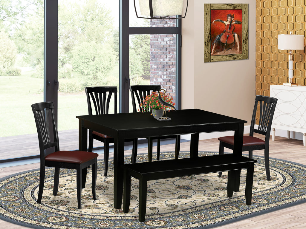 DUAV6-ST4-IE 6-Piece Dining Set Rectangle Table, 4 Faux Leather Chairs & Bench, 36x60, Black