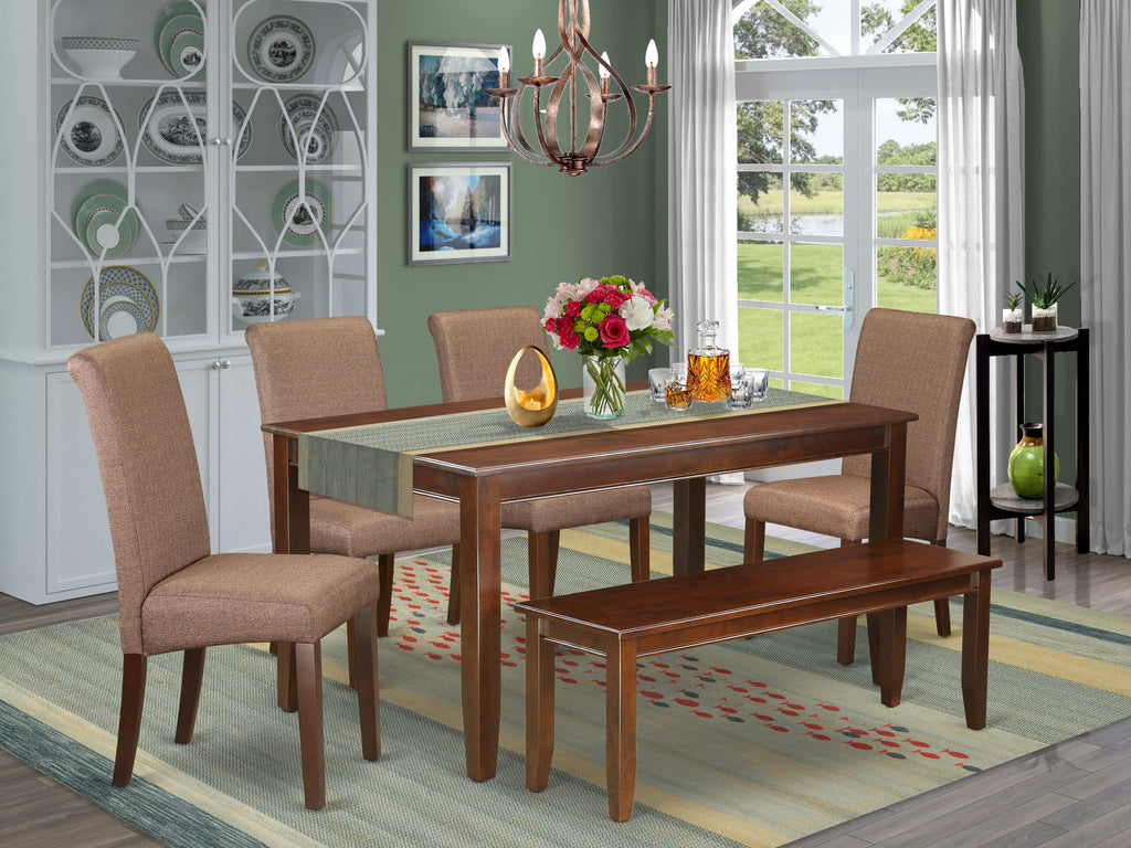 DUBA6-UDD-DU Six-Piece Dining Setup with Rectangular Table, Chairs & Bench, Brown Mahogany Finish