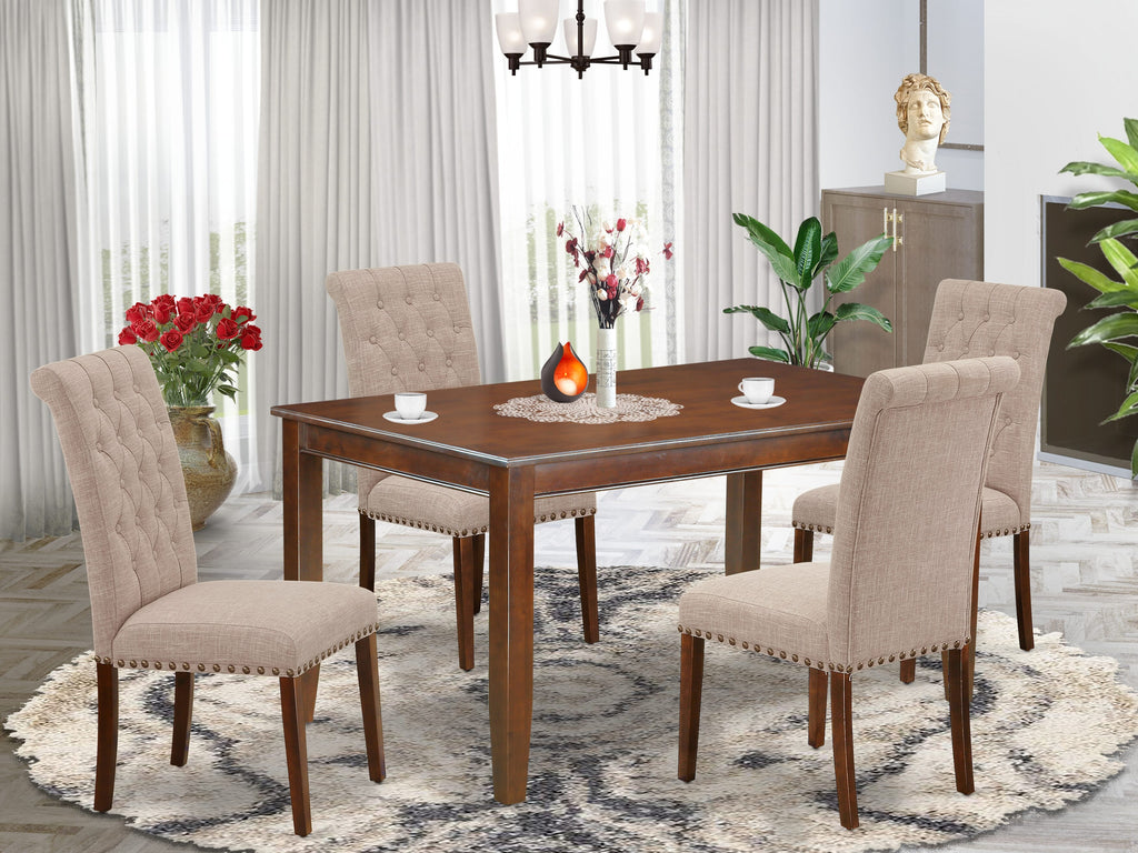 DUBR5-2FP-MB 5-Piece Dining Ensemble Rectangular Wooden Table with Light Tan Upholstered Parson Chairs