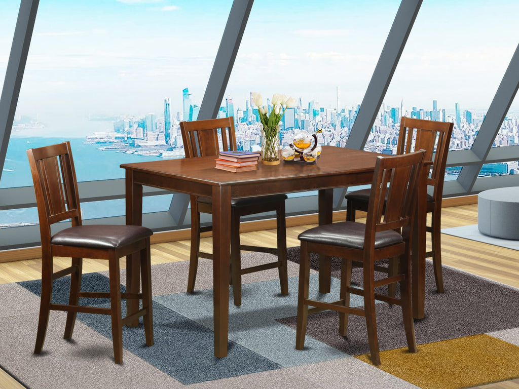 DUBU5X-MBT-AW 5-Piece High Table Set with Rectangular Top & 4 Faux Leather Chairs for Dining, Mahogany Finish