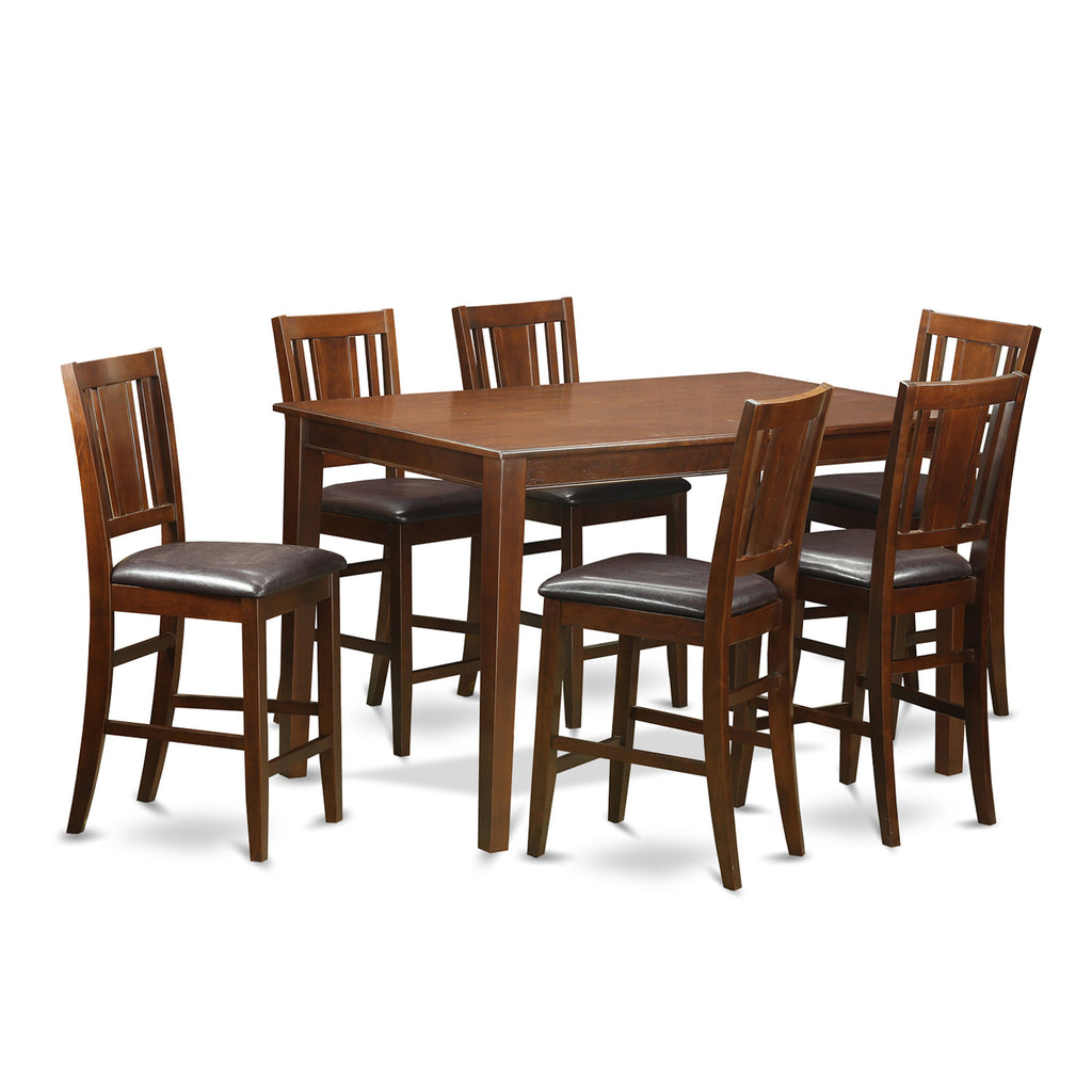 DUBU71-5ML-KT 7 Pc Mahogany Counter Height Dining Set Rectangle Table & 6 Leather-Style Chairs, 36x60 In