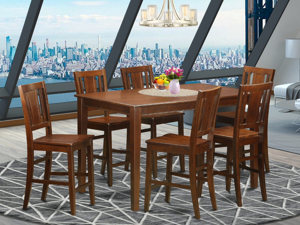 DUBU7F-PAM-O 7-Piece Rectangular Counter Set with Table and Six Tall Chairs in Warm Mahogany, 36x60 Inch
